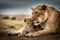 A lioness cuddles with her young cub AI generated