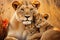 Lioness her cubs sunset. Generate Ai