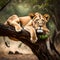 Lioness resting on a tree branch - ai generated image