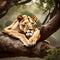 Lioness resting on a tree branch - ai generated image