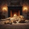 Lioness rests with cubs in front of open fire