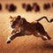 Lioness sprints across grassy savannah