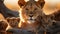 Lioness, sunset, safari, family, cub, wildlife, wilderness, grass, hunter generated by AI