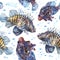 Lionfish in watercolor. Devil firefish seamless pattern. Colorful exotic tropical fishes background hand drawn for