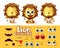 Lions animal characters creator vector set. Lion animals character editable eyes and mouth body parts create kit with different.