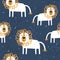 Lions, decorative cute background. Colorful seamless pattern with happy animals