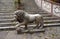 The lions guarding the entrance to the Sree Sree Chanua Probhu Temple in Kolkata, West Bengal, India