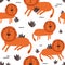 Lions, hand drawn backdrop. Colorful seamless pattern