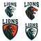 Lions. Set of the emblems templates with angry lion head. Sport