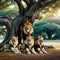 of lions sitting under tree in the shade of tree trunk in a