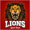 Lions - sport team logo template. Lion head on the shield. T-shirt graphic, badge, emblem, sticker.