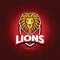 `Lions` sport team logo template. Lion head on the shield. T-shirt graphic, badge, emblem, sticker. Vector illustration