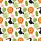 Lions, toucans and palm leaves seamless pattern. Jungle animals with tropical plants print.