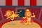 Lions trick animal fire performance in circus arena vector illustration.