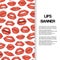 Lip kiss, open mouth with teeth banner vector cartoon illustration. Beautiful red lips or fashion lipstick and sexy