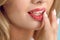 Lip Skin Care. Beautiful Woman Lips With Sugar Lip Scrub On