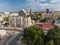 Lipetsk, Russia - Aug 5. 2018. Central part of the city with a fragment of the park, view in air