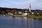 Lipno water reservoir and Frymburk village with church