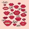 Lips. Bright red lips doodle illustration of many mouths.