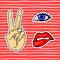 Lips, eye, hand. Retro sticker, patch set