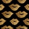 Lips gold hand painted seamless pattern. Abstract golden mouth texture. Smile background in vintage style.