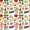 Lips Hands Cosmetics and Emoticons Seamless Pattern. Fashion Background in Retro Comic Style