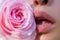 Lips with lipstick closeup. Tenderness pink rose. Lips care. Tenderness womans lips with pink rose. Tenderness woman