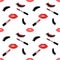Lips, lipstick, lashes and mascara seamless vector pattern with glitter effect