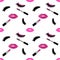 Lips, lipstick, lashes and mascara seamless vector pattern with glitter effect