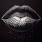 Lips painted with black lipstick with white shiny pearls, lips close-up,