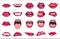 Lips patch collection. Vector illustration of doodle woman lips expressing different emotions, such as smile, kiss