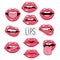 Lips patch set 80s-90s comic style. Vector stickers and patches on white isolated