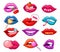 Lips patches. Fashionable cartoon girl lip, blue pink red sexy mouths. Love kissing stickers with tongue, pills