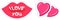 Lips in shape of kiss and two pink hearts for poster, banner design. Set of romantic sticker pack
