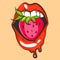 lips with sweet strawberry. Pop art mouth biting pink berry. Close up view of cartoon mouth. Vector illustration