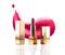 Lipstick cosmetic makeup mockup design. Vector 3d pink red golden color pomade tube and lipstick smudge smear. Beauty