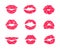 Lipstick kiss. Female mouth makeup, woman lips red grunge print isolated on white, set of affair symbols. Vector lip