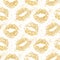 Lipstick kiss glitter seamless background. Gold particles texture, shiny glamour effect.