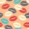 Lipstick kiss marks seamless pattern. Woman lips background for Valentine Day