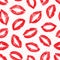Lipstick kiss. Nice seamless pattern. Joyful design. Lips traces isolated on white background. Imprint real female lips. Fashion m