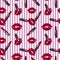 Lipstick and kiss pattern on striped background