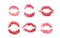 Lipstick kisses set, Red love kiss icons. Woman mouth isolated on white paper. Pink Signet mark. Sexy glossy lip makeup