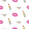 Lipstick, lips and shoe line icon seamless pattern.