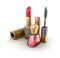 Lipstick, mascara, nail polish. Makeup items set.