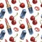 Lipstick seamless pattern. Opened red lipstick in black case. Pomade with Cherry fruits and flowers. Isolated clipart