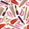 Lipstick seamless pattern vector beautiful red color fashion pink lipgloss lip makeup illustration backdrop of shiny