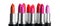 Lipstick tints palette. Fashion colorful lipsticks over white background. Professional makeup