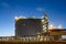 Liquefied natural gas storage tank at dusk