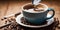 Liquid coffee poured into a saucer with beans, from a coffee cup on tableware