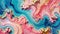 Liquid dreamscape: pink, blue, and gold swirl, droplets tracing secrets unseen, generative ai